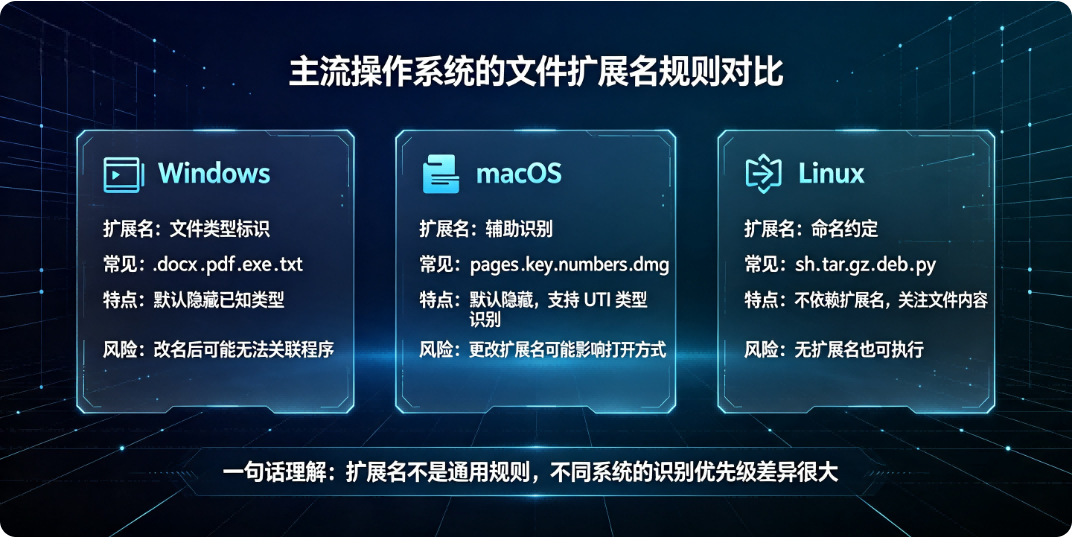 主流操作系统的文件扩展名规则对比