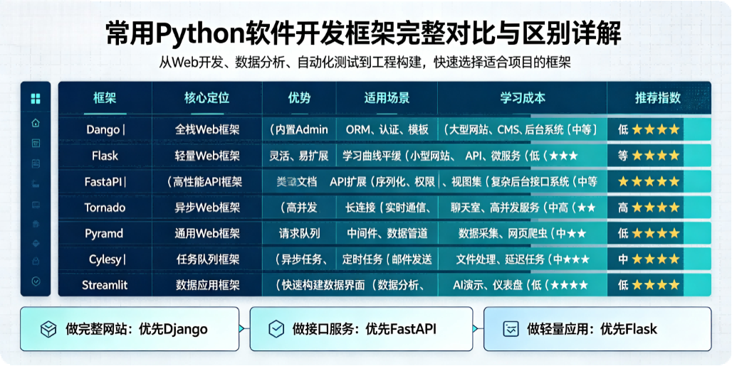 常用 Python 软件开发框架完整对比与区别详解