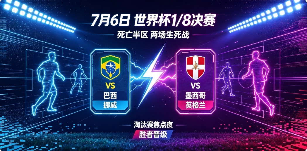 🏆 7月6日世界杯1/8决赛前瞻分析——巴西VS挪威、墨西哥VS英格兰，死亡半区两场生死战