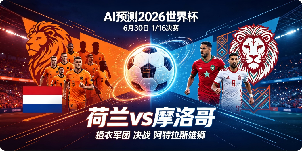 🏆 AI预测2026世界杯—6月30日1/16决赛：荷兰 vs 摩洛哥——"橙衣军团"决战"阿特拉斯雄狮"